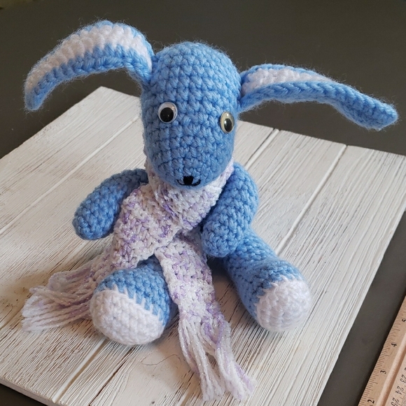 Handmade Blue and White Crochet Bunny - Picture 1 of 4